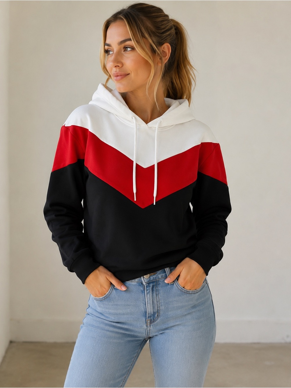 Retro Color block Chevron Hoodie Red Black White Medium Streetwear Y2K Sporty